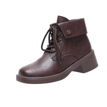 Imagem de Botas femininas modernas casuais de inverno estilo britânico cano curto com cadarço frontal salto grosso bico redondo para uso no tornozelo, Marrom, 35