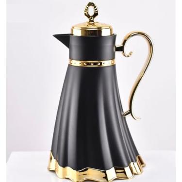 Imagem de Garrafa Térmica, Luxo, 1 Litro, Jarra Estilo Árabe, Detalhes Dourados, Preto ou Branco, Conservação Térmica de 12 Horas (Preto com Dourado)