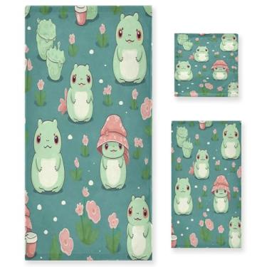 Imagem de xigua Conjunto de toalhas de banheiro com sapos fofos, absorvente e macio, toalha de banho de 3 peças, toalha de mão, toalhas decorativas para banheiro, academia, hotel, praia, piscina