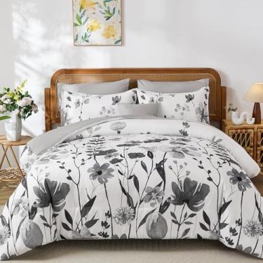Imagem de Anibedding Conjunto de edredom King Size, 8 peças, cinza, aquarela, floral, tamanho Queen em uma bolsa, conjunto de edredom com fronha, lençol para todas as estações