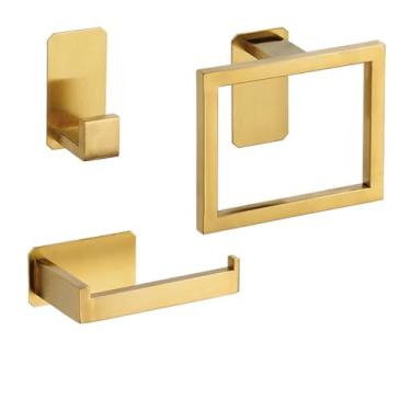 Imagem de Conjuntos de ferragens de banho de perfuração preta suporte de papel higiênico toalheiro barra trilho gancho de roupão para acessórios de produtos de banheiro, conjunto dourado de 3 peças