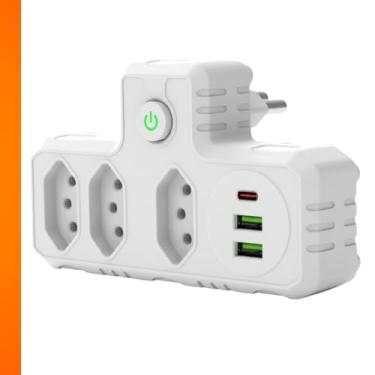 Imagem de Extensão Elétrica Premium Bivolt 3 Tomadas, 2 USB + 1 Tipo-C Tecnologia PD, Filtro de Linha 2500W com Botão Liga/Desliga, Régua de Energia Compacta e Adaptador T para Casa, Escritório e Viagem