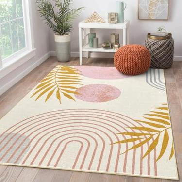 Imagem de RoomTalks Lindo tapete de berçário rosa, lavável, boêmio, moderno, contemporâneo, estético, 12 x 18 cm, para quarto, sala de estar, dormitório, arte abstrata, folhas tropicais, tapete fino para