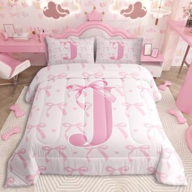 Imagem de jejeloiu Jogo de cama infantil fofo com laço rosa, para meninos e meninas, com estampa personalizada, com nó de laço de coquete, ultramacio, letra J, monograma, decoração de quarto