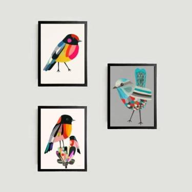 Imagem de Kit 3 Quadros Passarinhos Coloridos 45X34Cm Com Vidro Preta