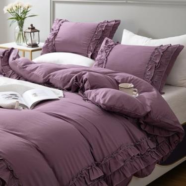 Imagem de Bedorm Conjunto de capa de edredom solteiro, roxo, com babados e plissados, chique, extra macio e fácil de cuidar, capa de edredom boêmio, com fecho de zíper