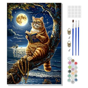 Imagem de DOMROM Kit de pintura animal por números para adultos iniciantes com cavalete de madeira, kit de pintura de gato por números em tela, kit de pintura a óleo DIY para decoração de parede de casa