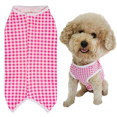 Imagem de Kukaster Pet Camiseta Dog 's Recovery Suit pós-cirurgia para filhotes, roupas protetoras de ferimentos para pequenos animais (rosa, branco, xadrez-PPP)