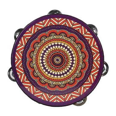 Imagem de Amgei Pandeiro de madeira para instrumento de percussão musical, campainha de 20 cm, tambor de mão de pandeiro de madeira com fileira dupla, 12 peças, pratos de metal, jingles, instrumento de
