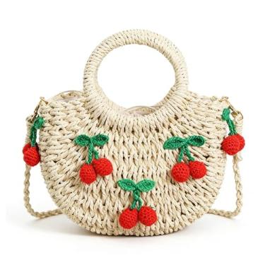 Imagem de QTKJ Bolsa de mão de palha de vime semicírculo, sacola feminina retrô de verão com bonecas, Bege, 6.29''x 9.84''
