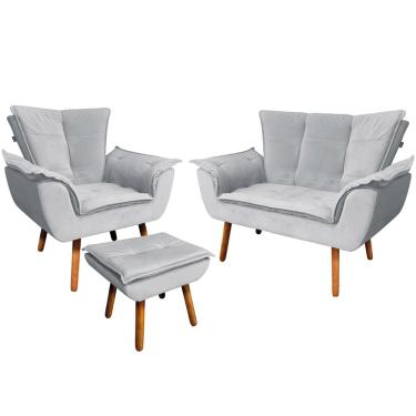 Imagem de Conjunto Poltrona Puff e Namoradeira Pés Palito Charger Veludo Cinza - Gran Belo