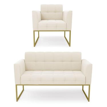 Imagem de Kit 1 Sofá Namoradeira E 1 Poltrona Elisa Veludo Bege Base Metálica Industrial Dourado - D\'rossi