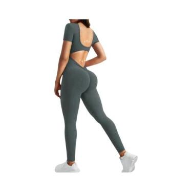 Imagem de Macacão Feminino Sem Costura Com Decote U E Manga Curta Para Fitness, 