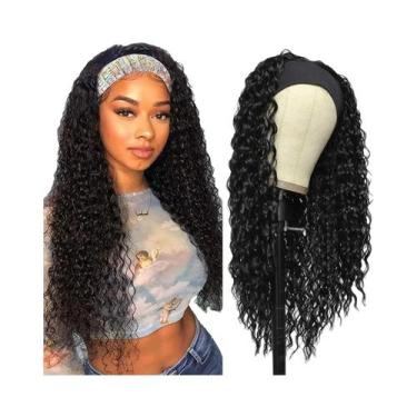 Imagem de Peruca Sintética Preta Ondulada E Cacheada Com Faixa De Cabelo Para Us