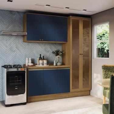 Imagem de Armário de Cozinha Compacta 100% MDF 192cm Nogueira/Azul Profundo Cele
