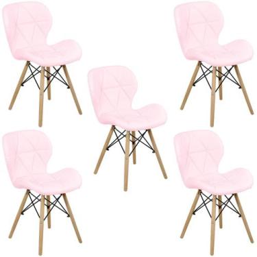 Imagem de Kit 05 Cadeiras Charles Eames Eiffel Slim Wood Estofada - Rosa Claro -