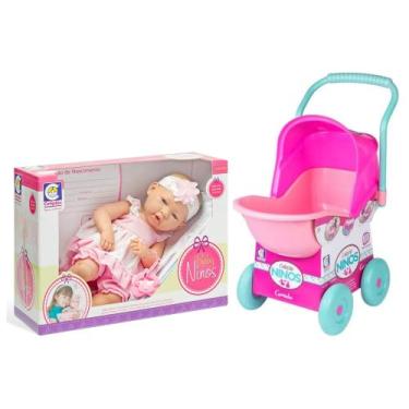 Imagem de Kit Mamãe e Bebê Boneca com Acessórios Carrinho de Boneca Rosa com Cap