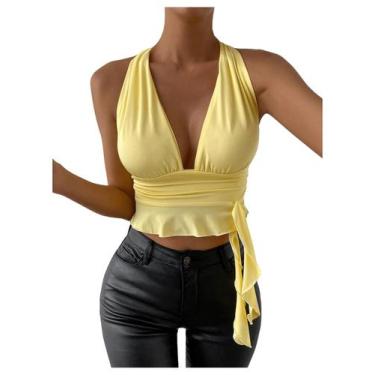 Imagem de Top curto feminino SOLY HUX sexy com decote em V profundo amarelo