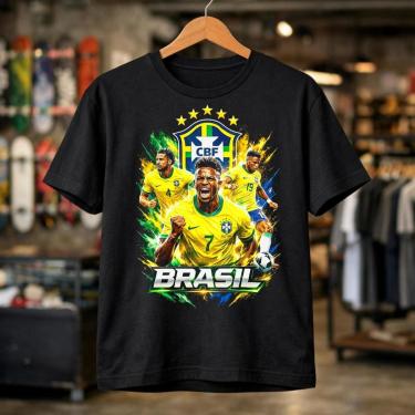 Imagem de Camisa Masculina Preta Brasil Escudo Seleção Estampa Jogador Camiseta Preto Esporte Con...