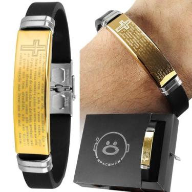 Imagem de pulseira masculina banhada placa pai nosso aço ouro caixa dourado oraç