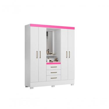 Imagem de Guarda Roupa Casal Paris Capela 4 Portas de Bater 3 Gavetas MDP Branco - Rosa Flex Aramóveis