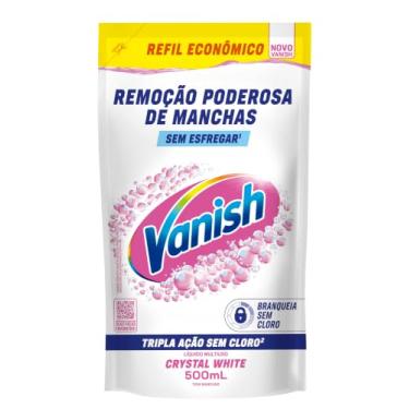 Imagem de Tira Manchas Líquido Vanish White refil 500ml para Roupas Brancas. Sem Cloro, remove manchas sem danificar os tecidos e deixa o branco até 5 tons mais branco. Confie em Vanish.