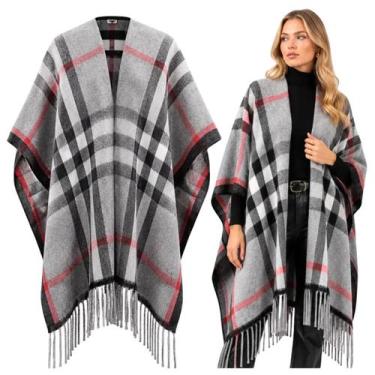 Imagem de Poncho Xadrez Unissex Premium: Capa De Inverno Elegante Com Franjas (1