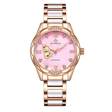 Imagem de Relógio feminino de cerâmica, elegante pulseira mista de aço inoxidável com strass brilhante, mostrador de esqueleto, relógio de pulso mecânico automático à prova d'água 30 m, rosa