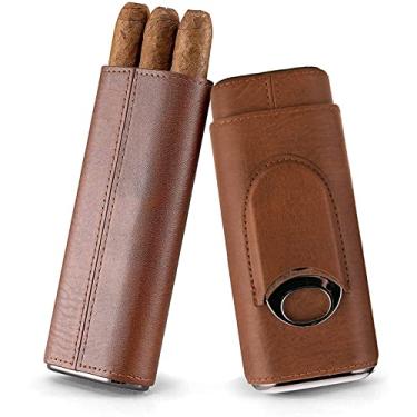 Imagem de Estojo de charuto para viagem, couro com umidor de charuto de 3 dedos com cortador de charuto, estojo de transporte de charuto forrado com cedro, caixa de presente para homens e mulheres amigos, marrom
