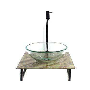 Imagem de KIT CUBA DE VIDRO REDONDA 10MM INCOLOR COM TAMPO DE VIDRO 40CM X 40CM MÁRMORE MARFIM E SUPORTE PRETO