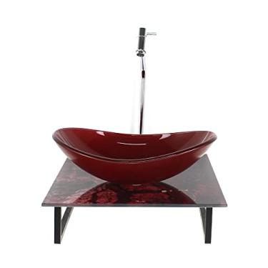 Imagem de KIT CUBA DE VIDRO OVAL 10MM COM TAMPO DE VIDRO 40CM X 40CM MÁRMORE AVERMELHADO E SUPORTE TORNEIRA VALVULA