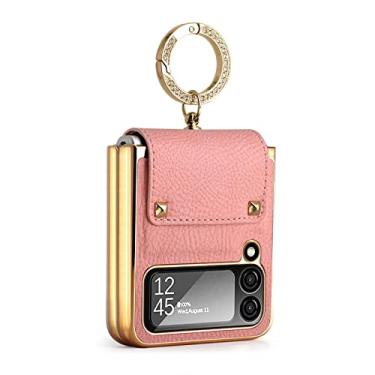 Imagem de MEOORHE Capa de telefone de couro de luxo com lente de vidro protetora para Samsung Galaxy Z Flip 3/Z Flip 4 5G Shell, anel de ouro da moda capa de suporte (Z Flip 4, rosa)