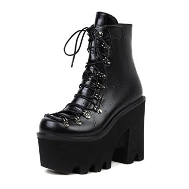 Imagem de Botas femininas plataforma no tornozelo Chunky Block gótico salto alto punk com cadarço botas de combate motocicleta,Black,5 UK/38 EU