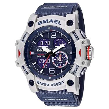 Imagem de SMAEL Relógio de pulso masculino militar, à prova d'água, esportivo, multifunções, LED, alarme, cronômetro, digital para homens, 8007 branco e azul, Large Face, Digital