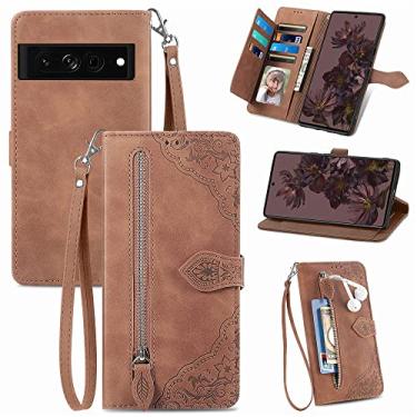 Imagem de Capas de telefone com slots de cartão de luxo Google Pixel 7 7 Pro capa de couro cordão de negócios suporte com zíper carteira clipe de telefone capa para Google Pixel 7 7 Pro capas (marrom, Google Pixel 7)