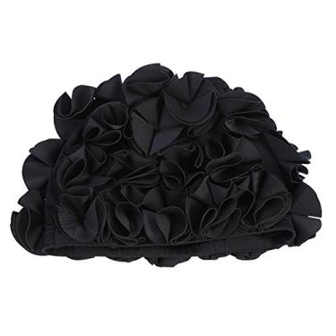 Imagem de Chapéu de natação floral chapéu de banho chapéu de banho chapéu de banho chapéu de banho de tecido de nylon confortável chapéu de natação para natação ao ar livre (preto)