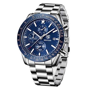 Imagem de BENYAR Relógios masculinos de quartzo, cronógrafo, moderno, de couro, pulseira analógica, data, 30 m, à prova d'água, luminoso, casual, esportivo, marca elegante, para homens, Aço