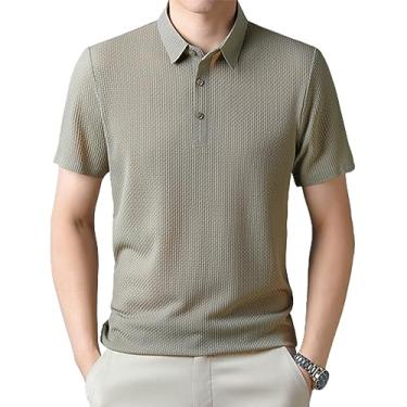 Imagem de Camisa polo de manga curta masculina confortável e respirável de verão com decote em V, camiseta casual leve de negócios de luxo (Khaki,L)