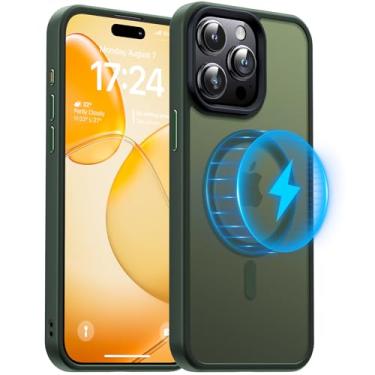 Imagem de Meifigno Série Magic Mag projetada para iPhone 15 Pro, [proteção de grau militar e compatível com MagSafe], parte traseira fosca translúcida com teclas de liga de alumínio projetadas para iPhone 15 Pro, verde alpino