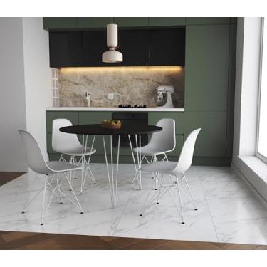 Imagem de Mesa de Jantar Redonda 90cm Preto Clips 3 Pés Branco com 4 Cadeiras Brancas Eames Eiffel