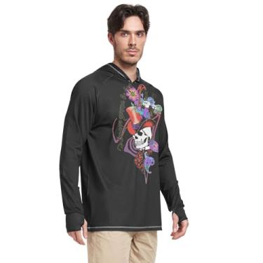 Imagem de Moletom masculino com proteção solar manga comprida FPS 50 + camisa de sol com capuz Rash Guard camiseta de natação caveira flores, Flores de caveira, Large