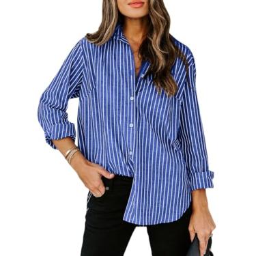 Imagem de siliteelon Camisas femininas de botão de algodão listradas camisa social manga longa colarinho escritório trabalho blusas tops, Listrado roxo, 3G
