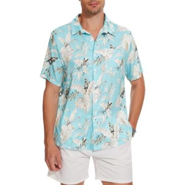Imagem de EliteSpirit Camisa masculina havaiana manga curta linho botões casual estampa floral camisas de praia com bolso, Azul, G