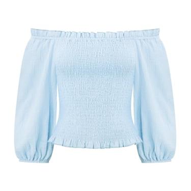 Imagem de R.Vivimos Blusas femininas de verão de algodão, manga curta, ombros de fora, cropped com babados, Azul-celeste, M
