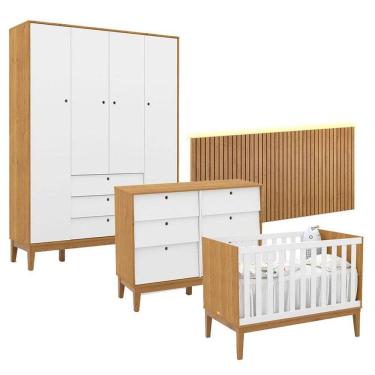 Imagem de Quarto de Bebê Unique 4 Portas com Cômoda 6 Gavetas e Painel Ripado com Led Freijó Branco Soft Eco Wood - Matic