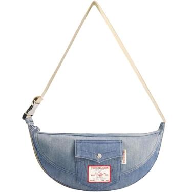 Imagem de True Religion Bolsa de ombro feminina, bolsa Hobo média jeans lavada com alça ajustável, Jeans claro, One Size