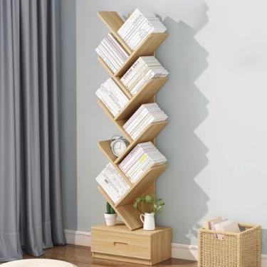 Imagem de Estante de livros de chão, estante de árvore retrô para CDs, revistas, livros, estante independente com gaveta para quarto, sala de estar, escritório
