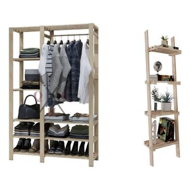 Imagem de Kit Estante Minimalista Reforçada Para Sala Cadernos E Arara Suspensa C/ 8 Prateleiras Madeira Treli