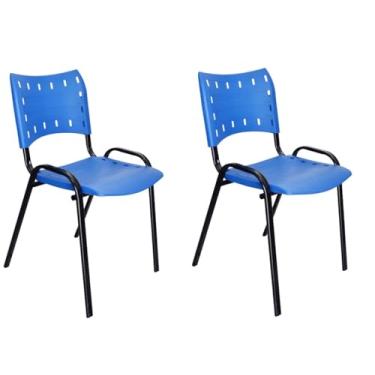 Imagem de Ecom Home - Kit Conjunto 2 Cadeiras ISO Azul Empilhável Base Preta Comercial Resistente com Pés em Aço para Bares, Restaurantes, Sorveterias, Escritórios e Igrejas