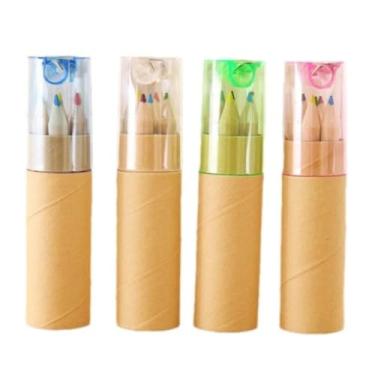Imagem de 4 peças - Porta-canetas de madeira, lápis de cor, tubo curto de 6 cores, conjunto de lápis de grafite para colorir para estudantes - tubo curto de 6 cores